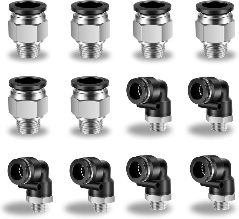 cnaodun 12 Pcs Push to Connect Fittings 1/2 Inch Tube OD x 1/4 Inch NPT Thread Pneumatic Male Straight and Elbow Quick Connect Air line fittings - Image 1